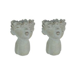 Set of 2 Pucker Up Junior Kissing Face Weathered Finish Concrete Head Planter